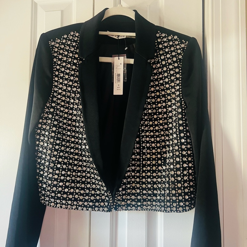 $995 Alice + Olivia Womens Solid Black Crystal Collar Long Sleeve Jacket Size M